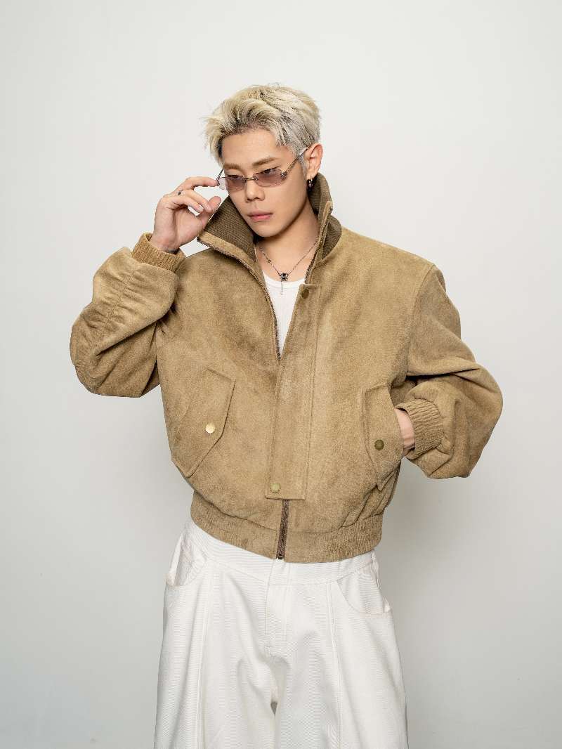 DBW Doublewin Suede Contrast Wide-Wale High-Neck Short Jacket