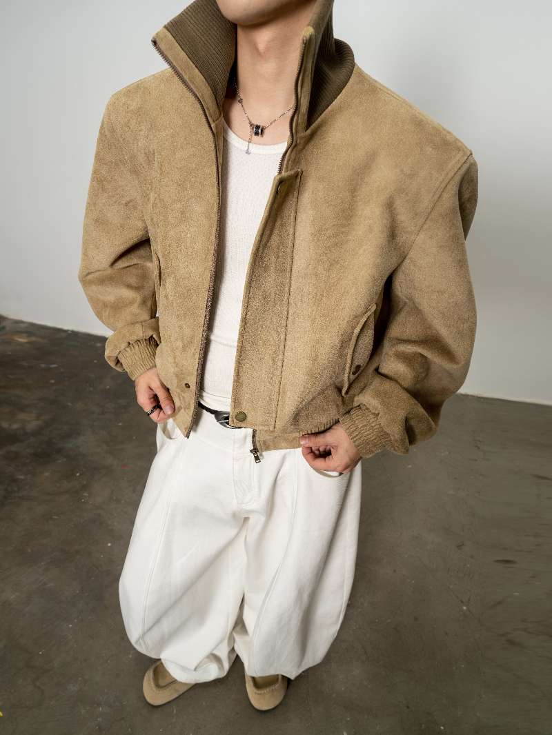 DBW Doublewin Suede Contrast Wide-Wale High-Neck Short Jacket