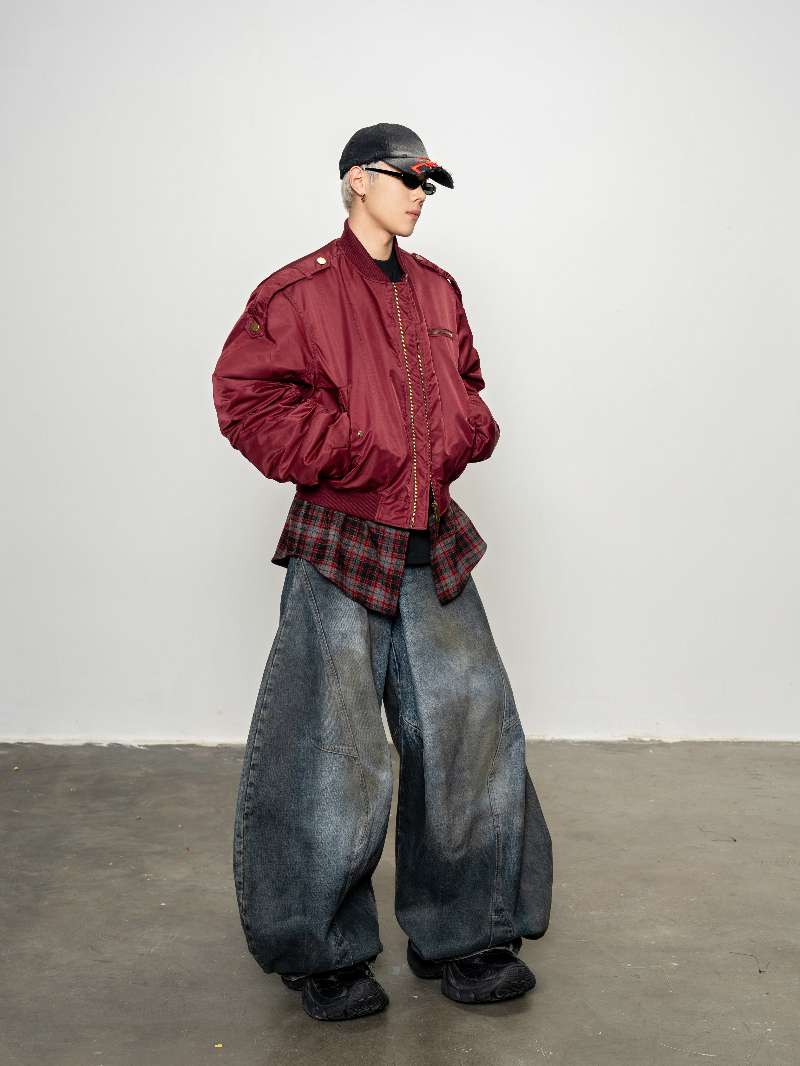 DBW Doublewin False Two-Layer Red Plaid Flight Jacket