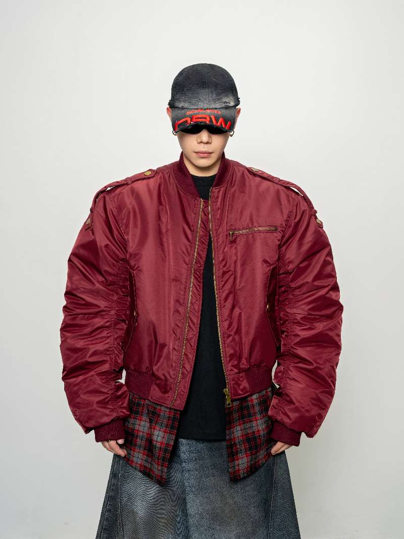 DBW Doublewin False Two-Layer Red Plaid Flight Jacket