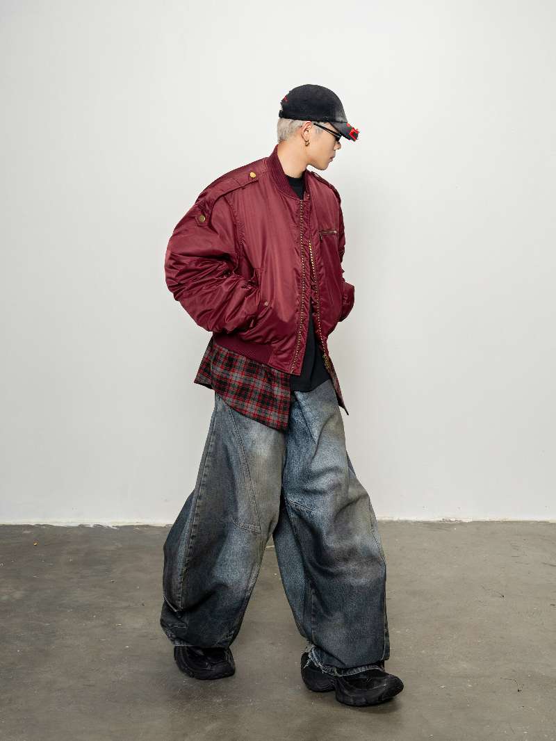 DBW Doublewin False Two-Layer Red Plaid Flight Jacket