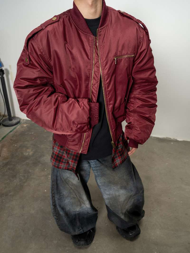 DBW Doublewin False Two-Layer Red Plaid Flight Jacket