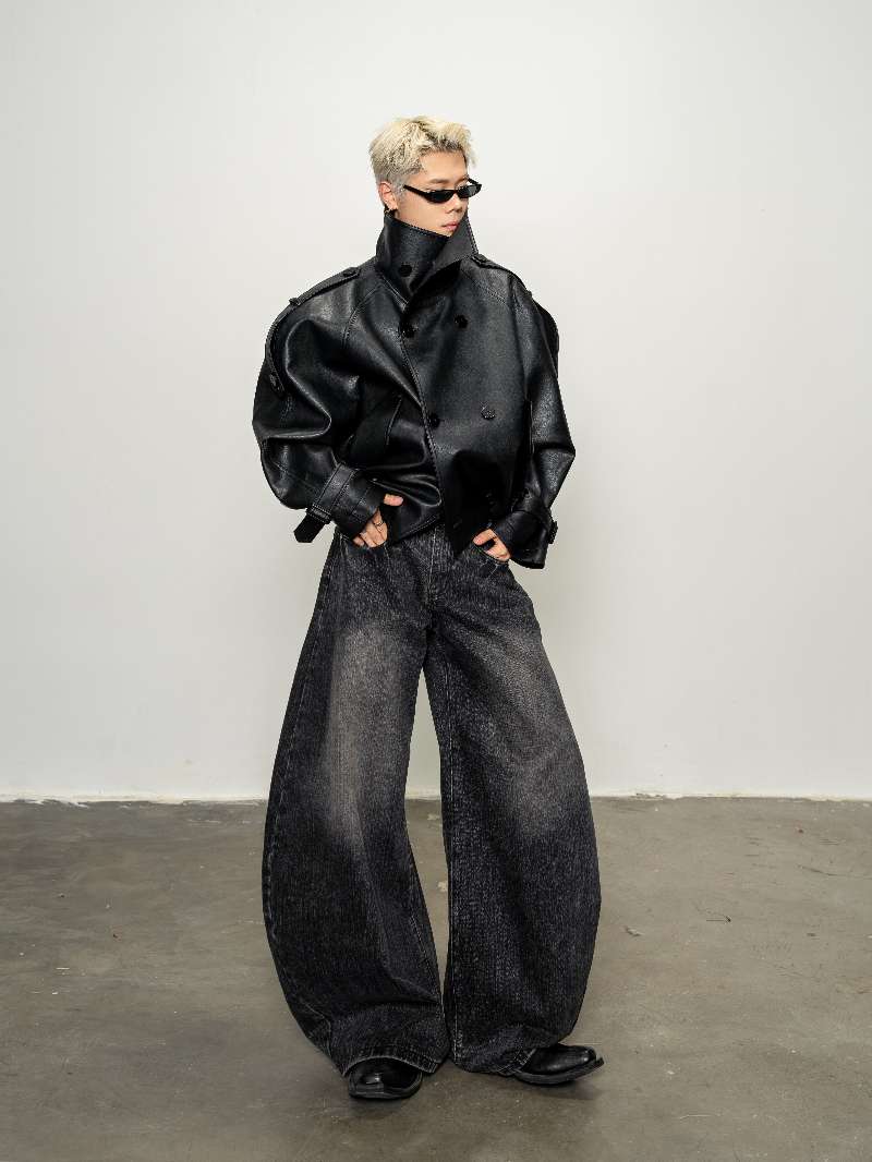 DBW Doublewin Wide Lapel Short Leather Trench Coat