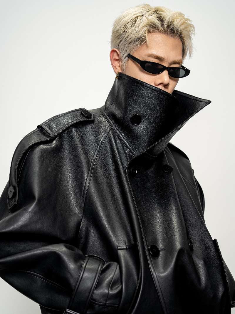 DBW Doublewin Wide Lapel Short Leather Trench Coat