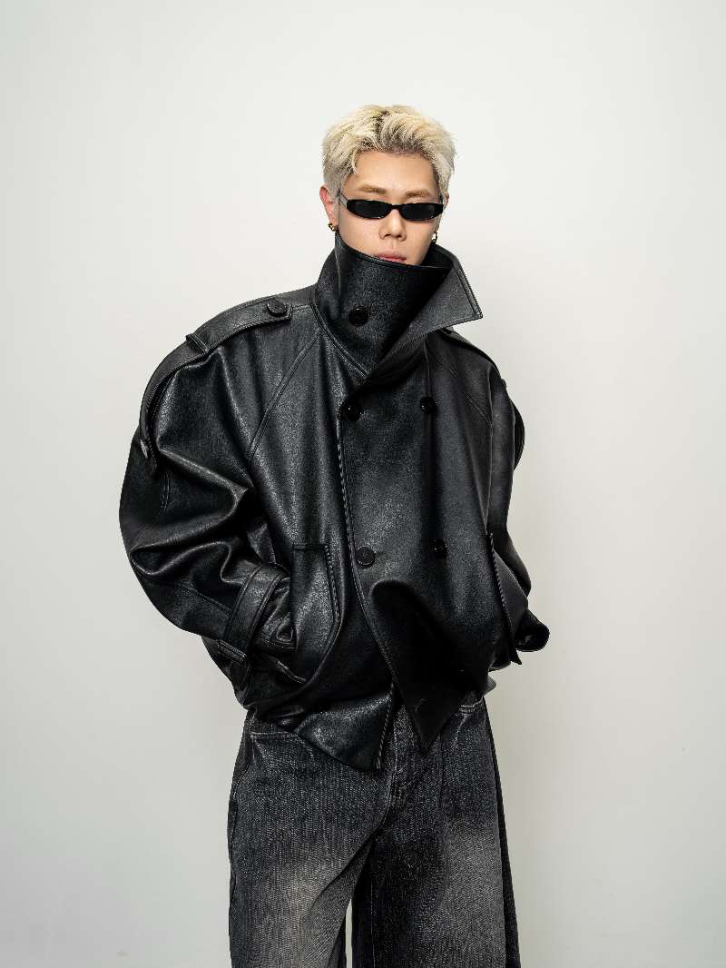 DBW Doublewin Wide Lapel Short Leather Trench Coat