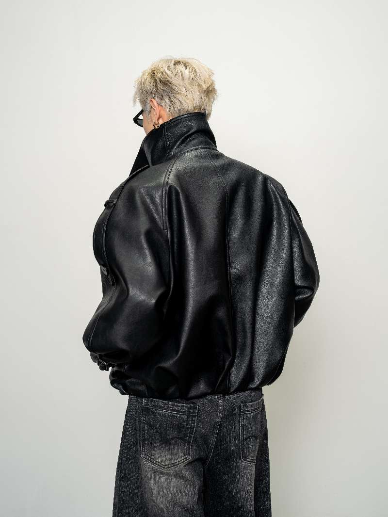 DBW Doublewin Wide Lapel Short Leather Trench Coat