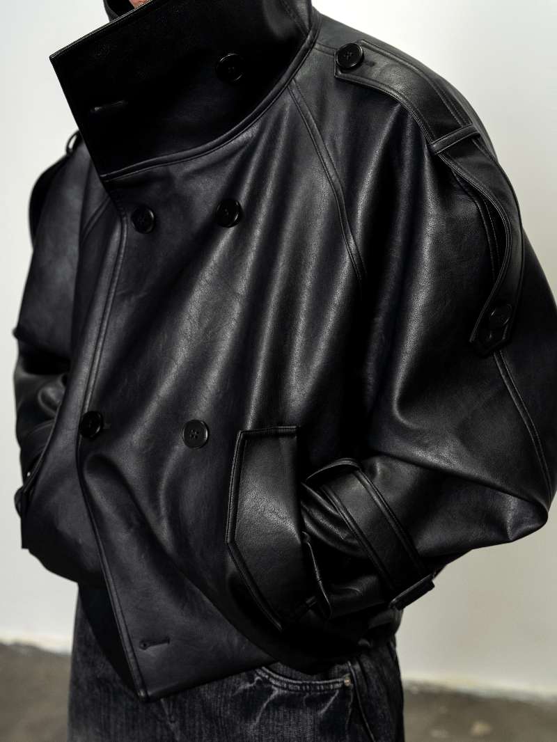 DBW Doublewin Wide Lapel Short Leather Trench Coat