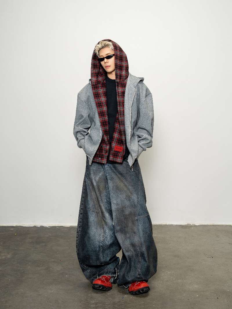 DBW Doublewin Charcoal Heather Red Plaid False Two-Layer Hoodie