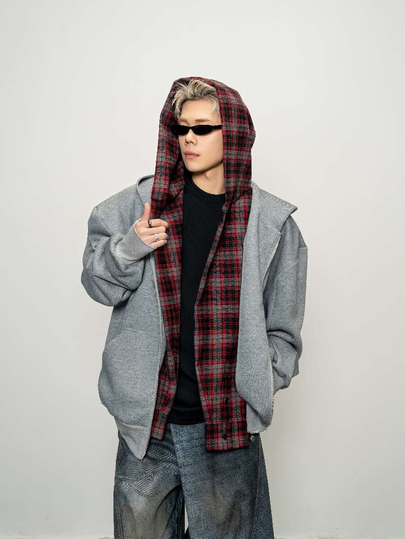 DBW Doublewin Charcoal Heather Red Plaid False Two-Layer Hoodie