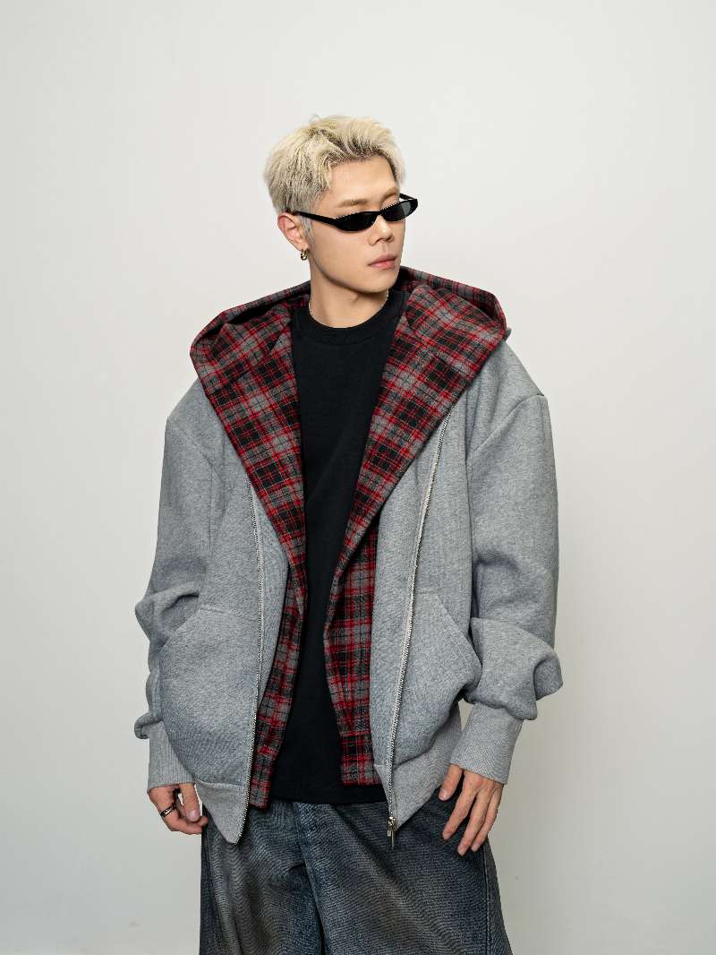 DBW Doublewin Charcoal Heather Red Plaid False Two-Layer Hoodie