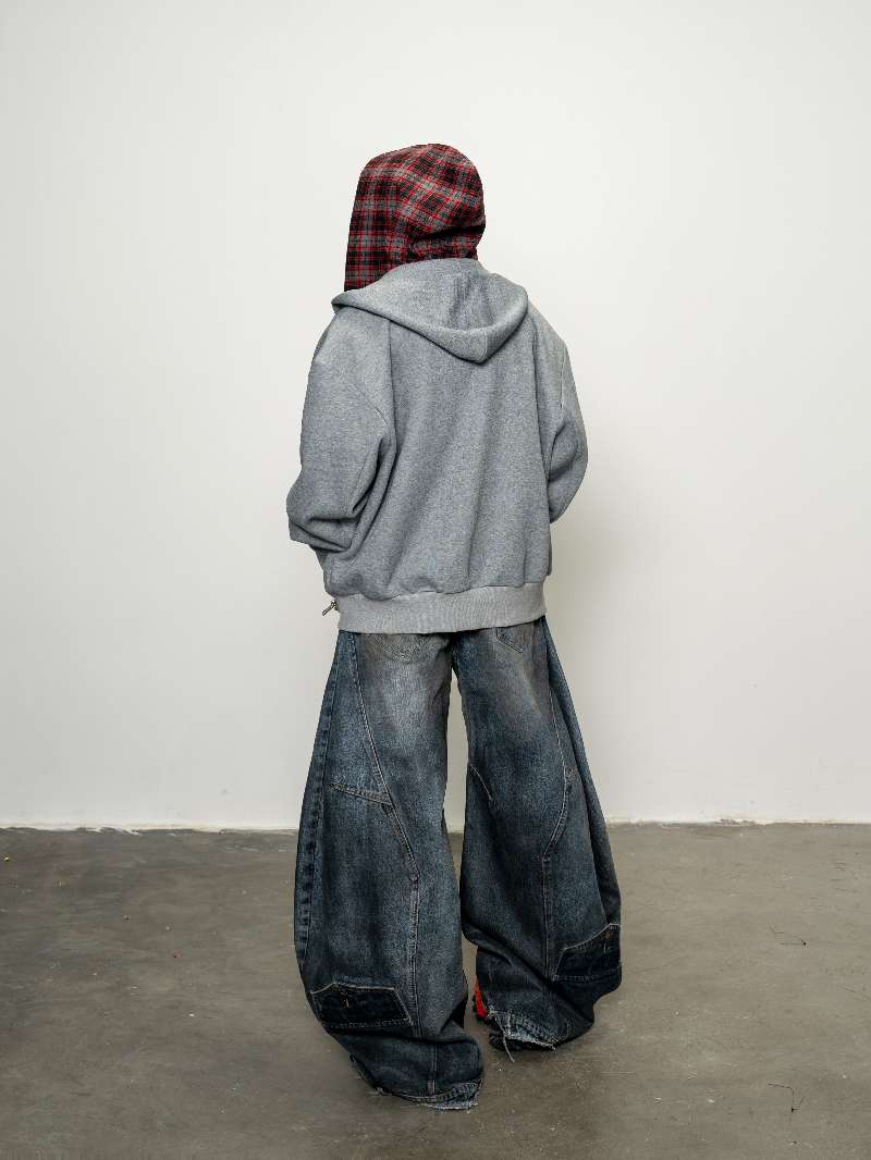 DBW Doublewin Charcoal Heather Red Plaid False Two-Layer Hoodie