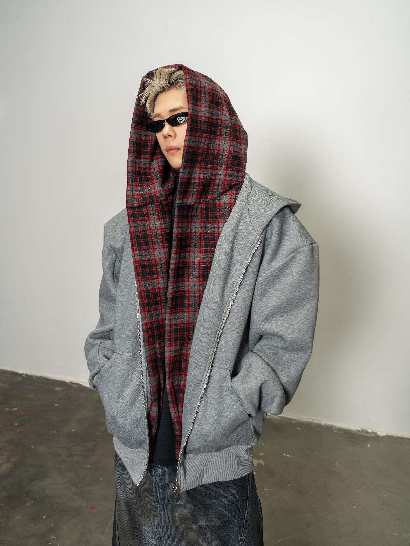 DBW Doublewin Charcoal Heather Red Plaid False Two-Layer Hoodie