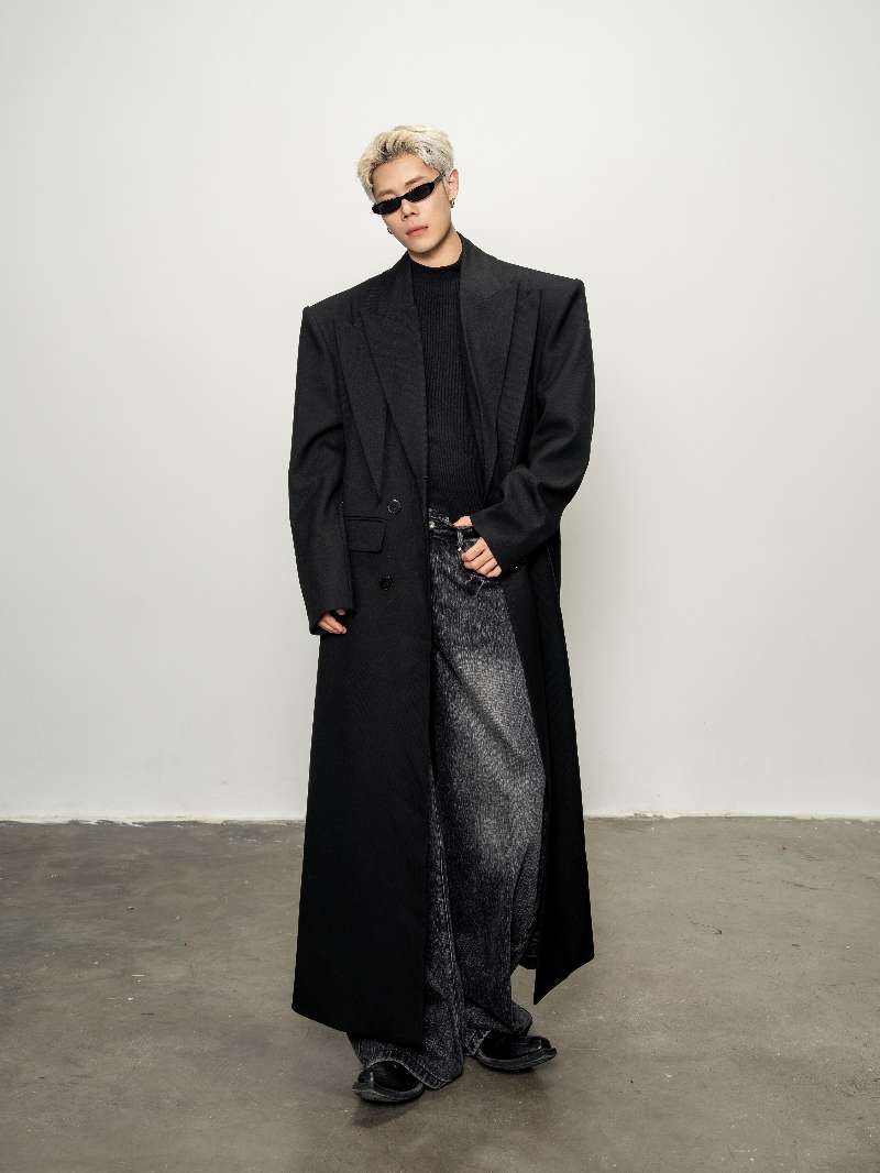 DBW Doublewin Double Peaked Lapel False Two-Layer Long Coat