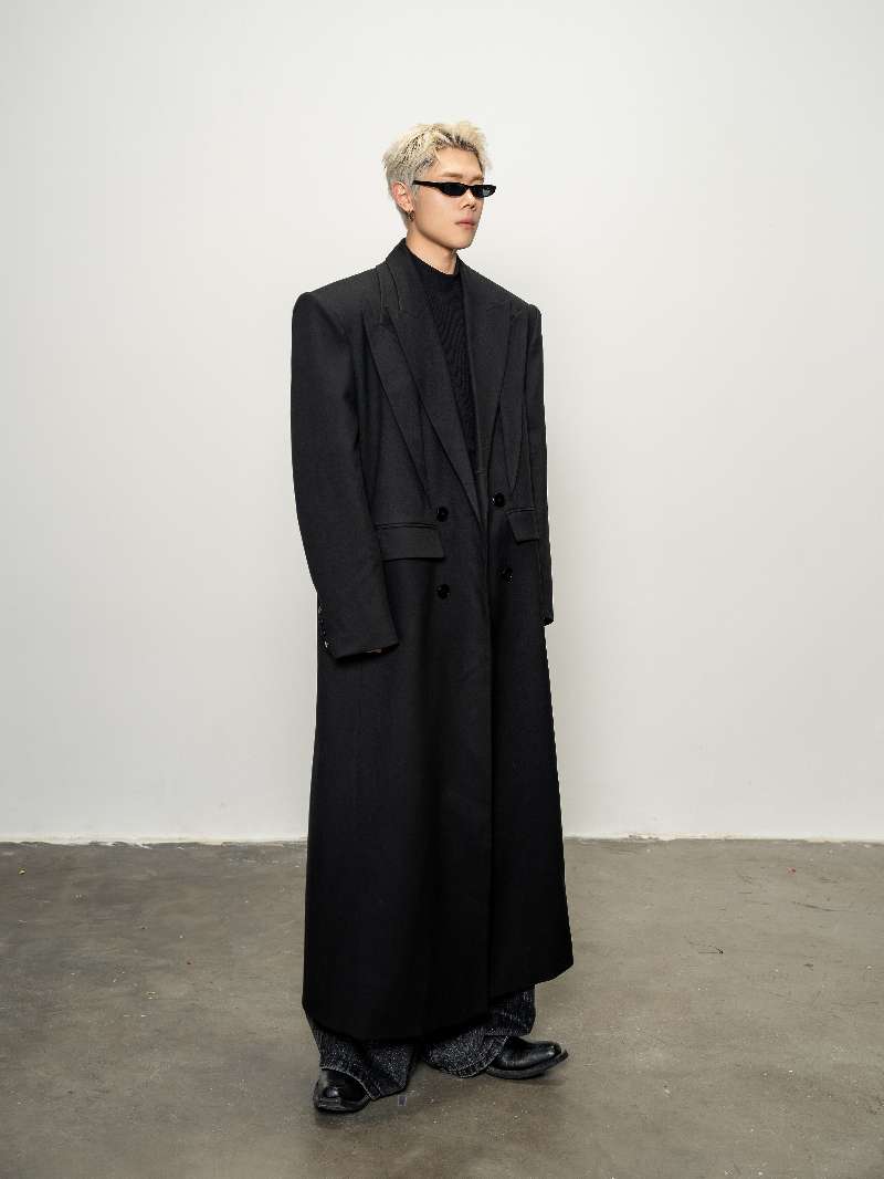 DBW Doublewin Double Peaked Lapel False Two-Layer Long Coat