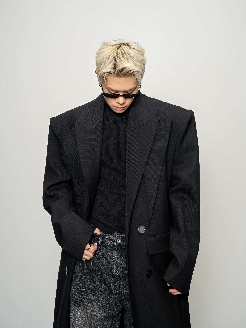 DBW Doublewin Double Peaked Lapel False Two-Layer Long Coat