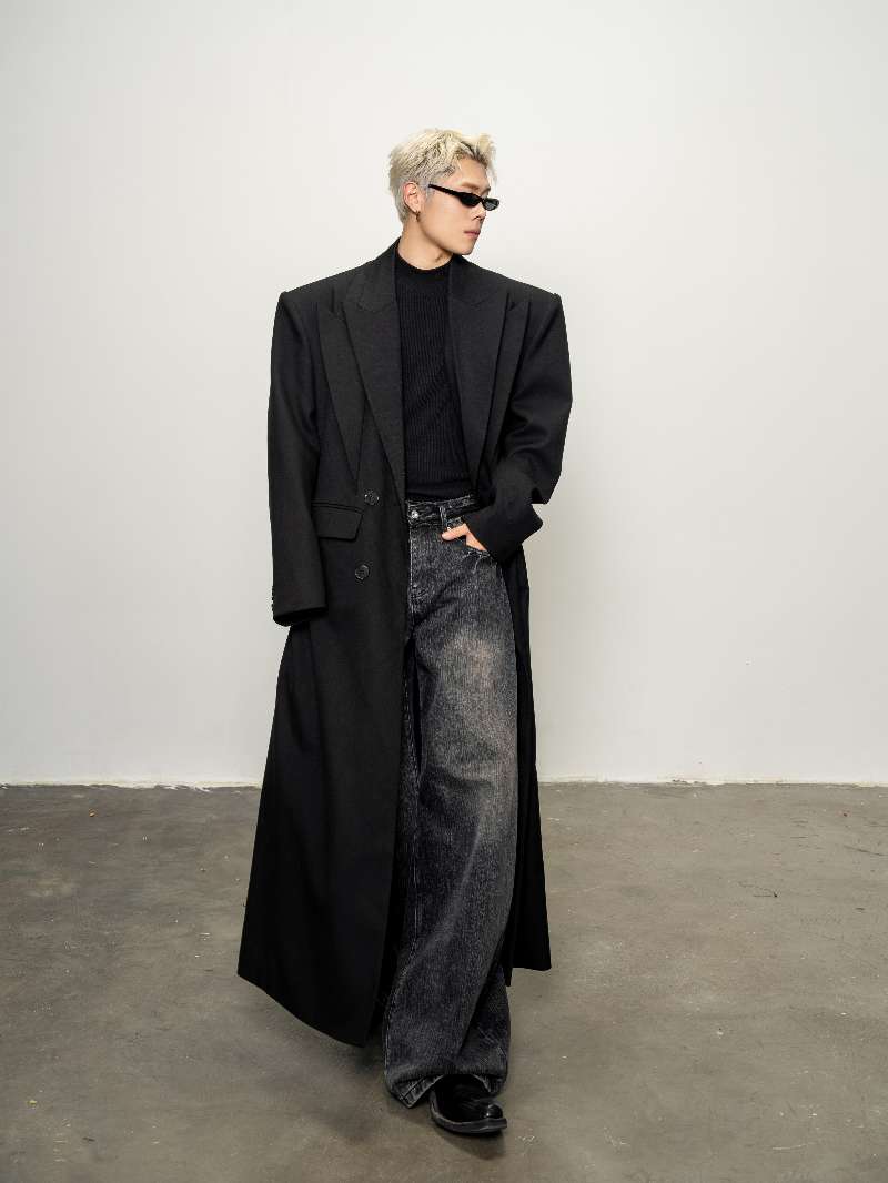 DBW Doublewin Double Peaked Lapel False Two-Layer Long Coat