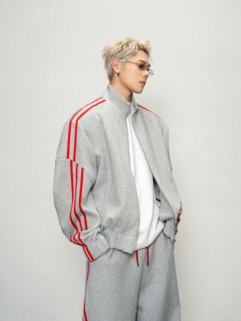DBW Doublewin Gray Red Color-Block Webbing Stand-Collar Sport Set
