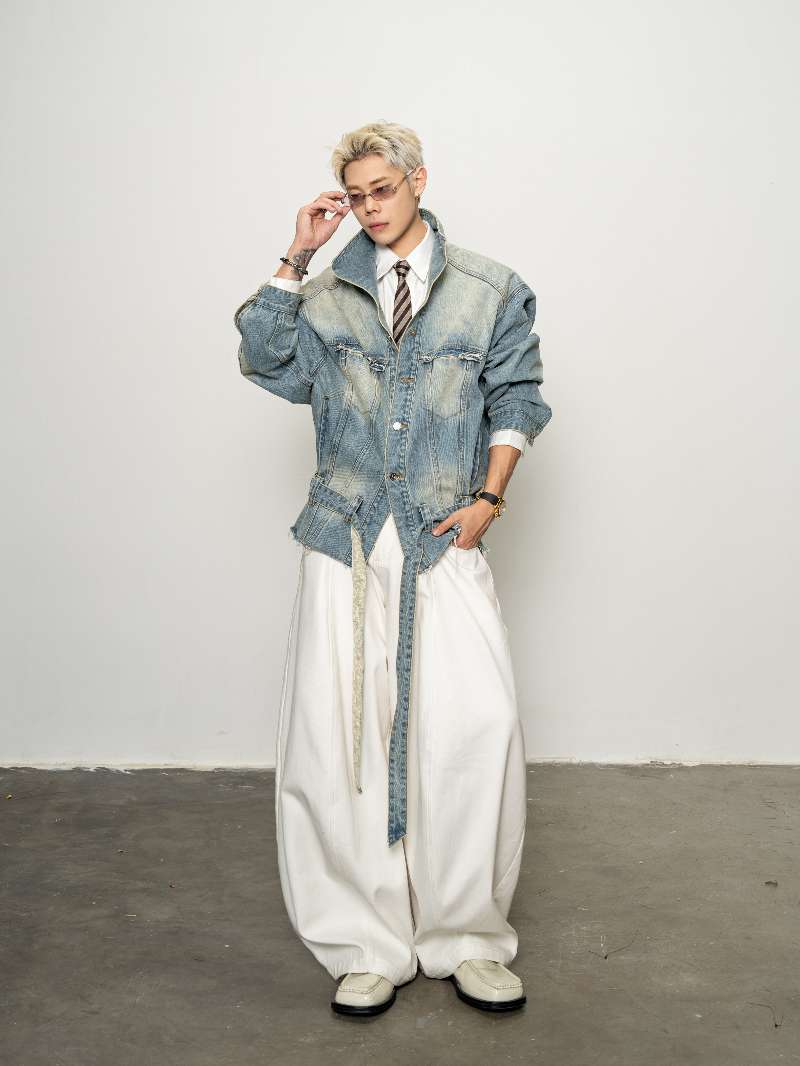 DBW Doublewin Tall Stand-Collar Oversized Belted Denim Jacket