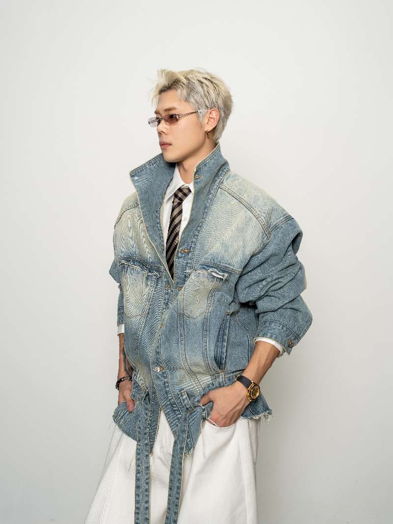 DBW Doublewin Tall Stand-Collar Oversized Belted Denim Jacket
