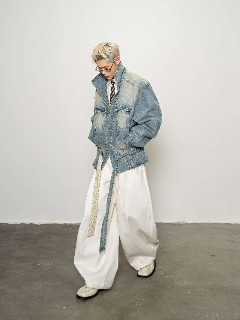 DBW Doublewin Tall Stand-Collar Oversized Belted Denim Jacket