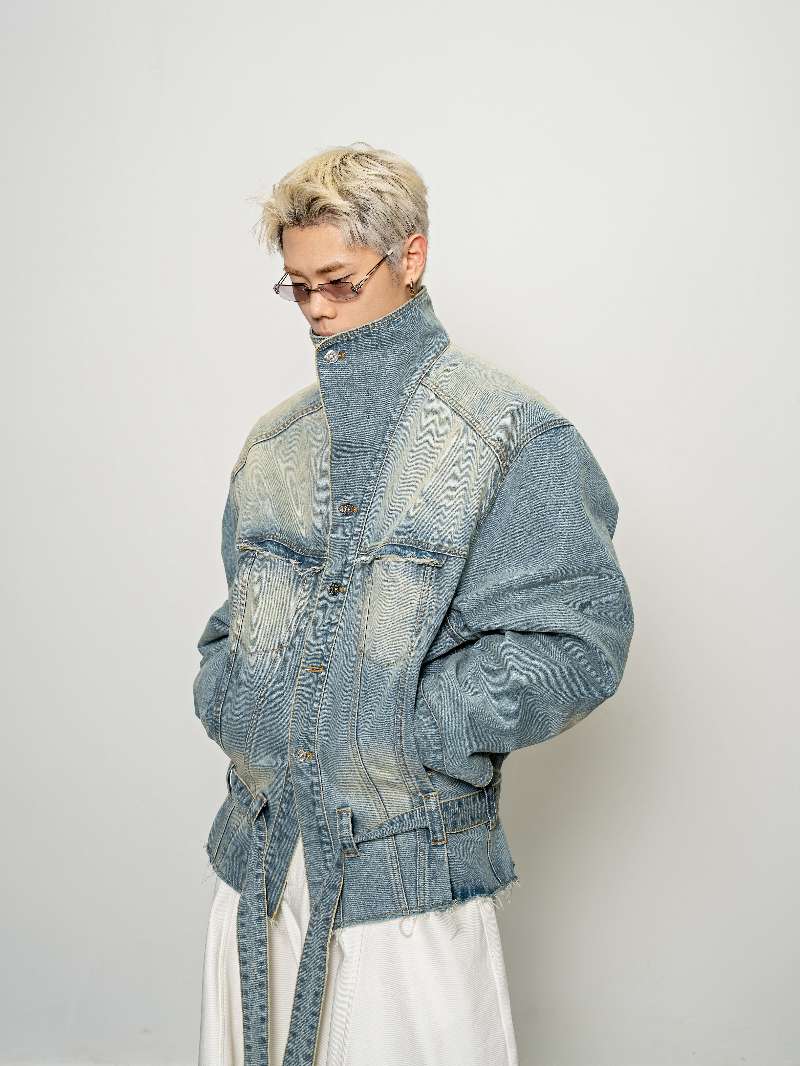 DBW Doublewin Tall Stand-Collar Oversized Belted Denim Jacket