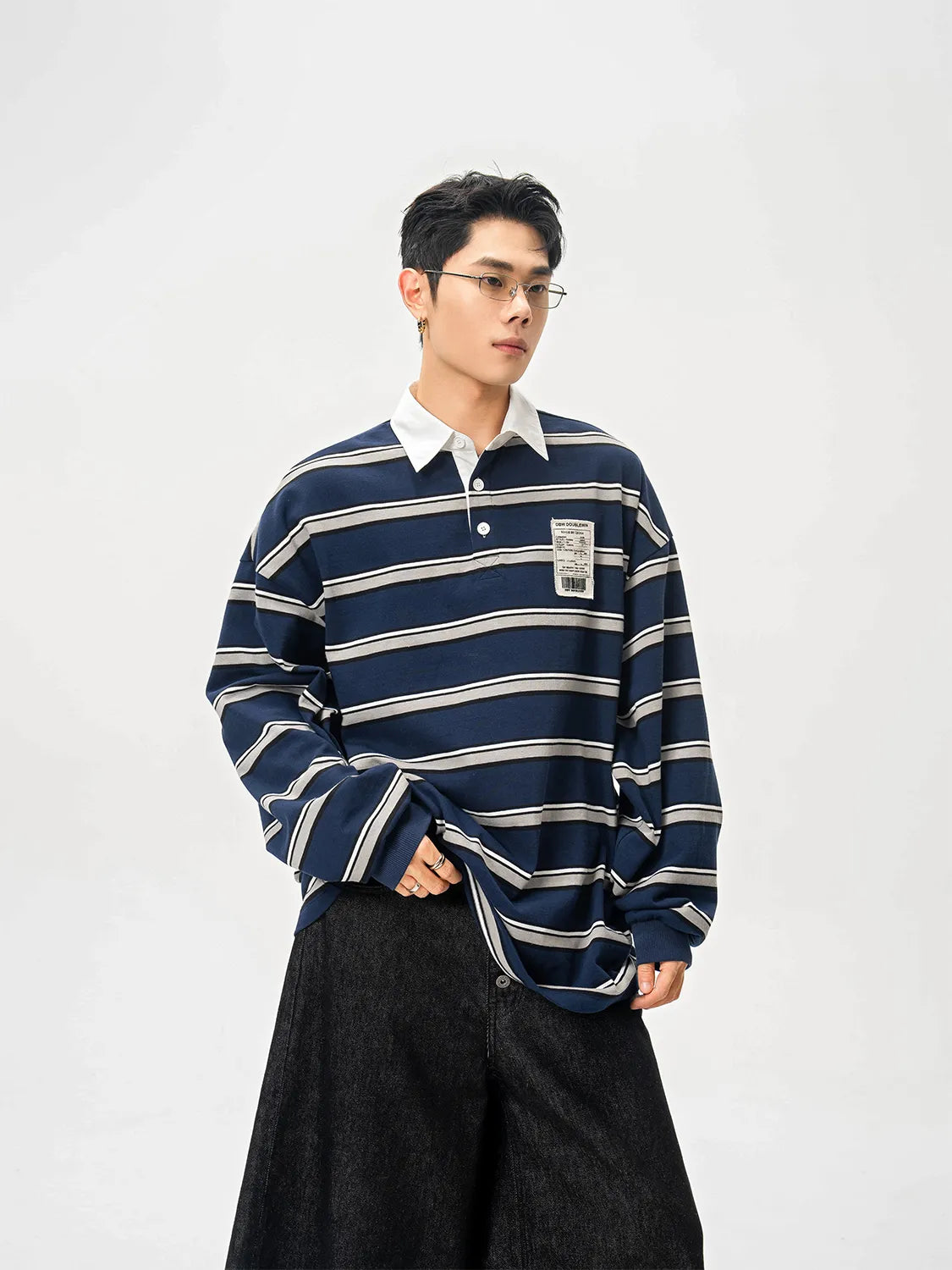 DBW Doublewin Navy White Color-Block Stripe Polo Shirt