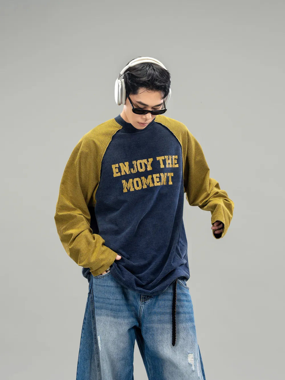 DBW Doublewin Self-Fabric Reverse Panel Raw Edge Vintage Long Sleeve T-Shirt