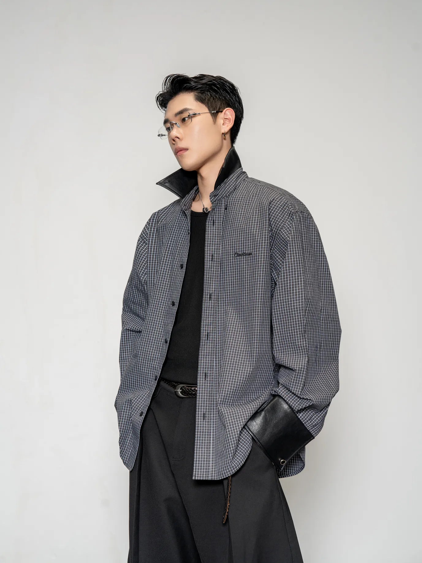 DBW Doublewin Plaid Deconstructed Leather-Paneled Shirt