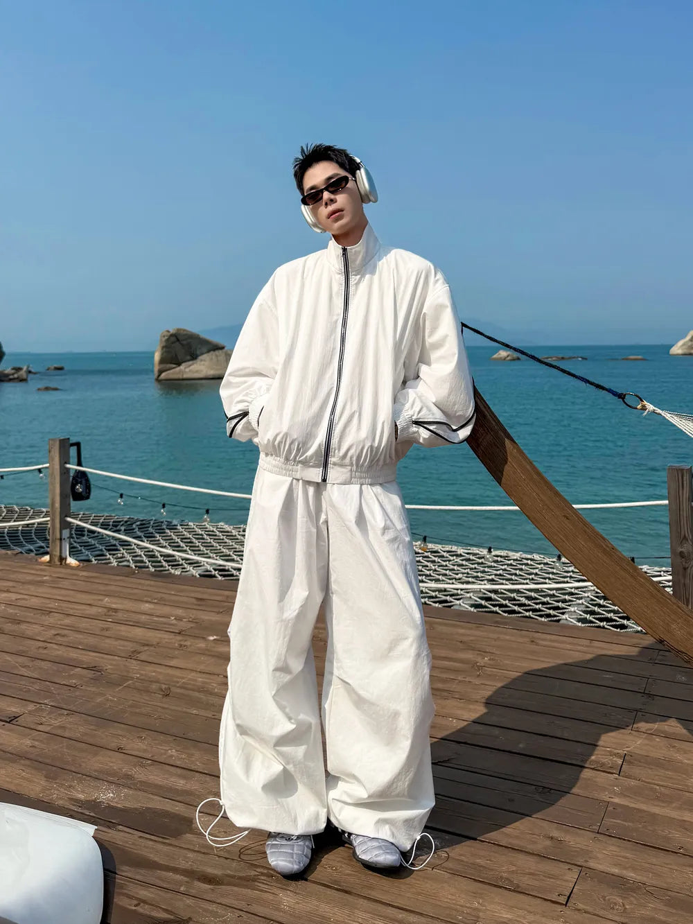 DBW Doublewin White Black Color-Block Line Thin Zip-Up Coat