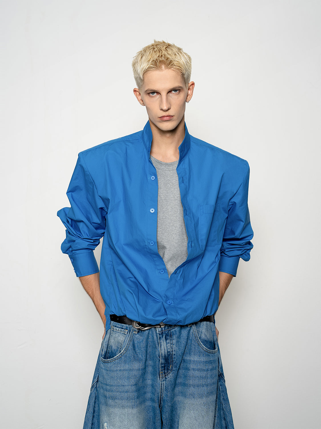 DBW Doublewin Hierarchical Textured False Two-Piece Stand Collar Shirt