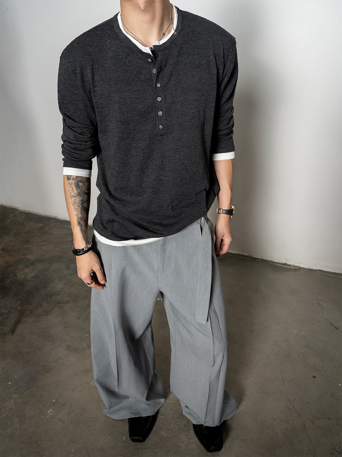 DBW Doublewin False Two-Layer Henley Knit Sweater