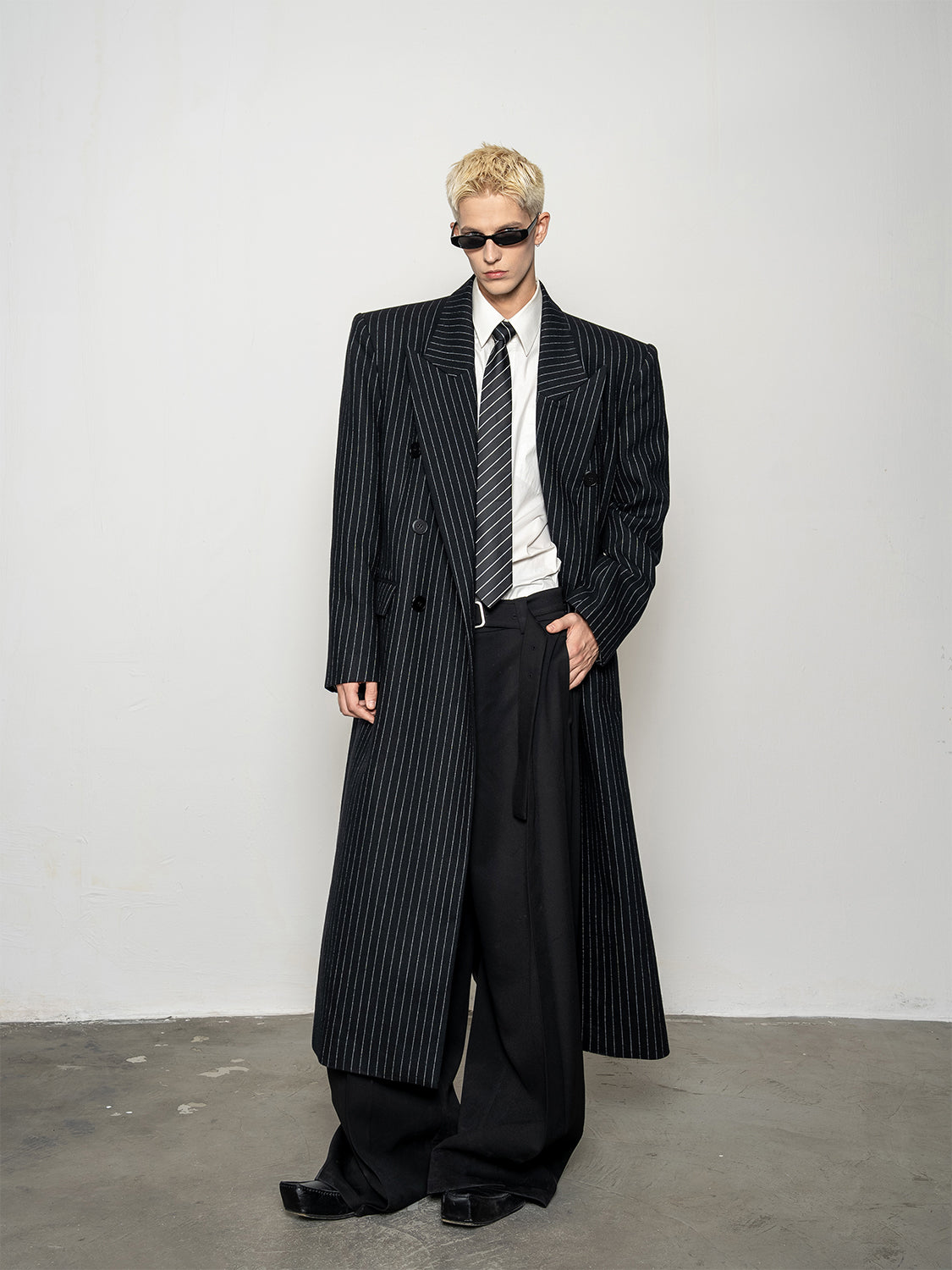 DBW Doublewin Classic Wool Blend Striped Peaked Lapel Overcoat