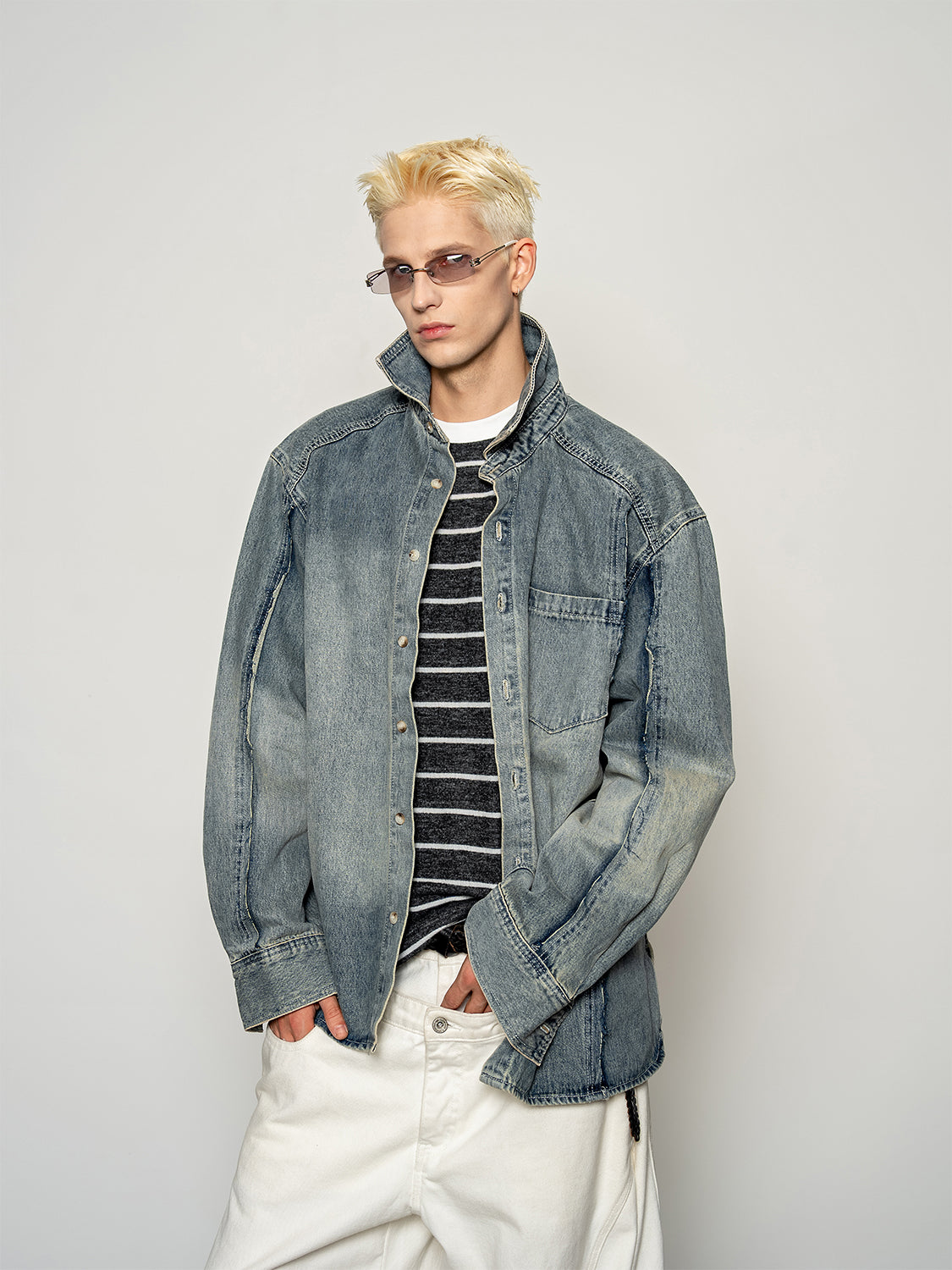 DBW Doublewin Vintage Washed Stand-Collar Denim Shirt