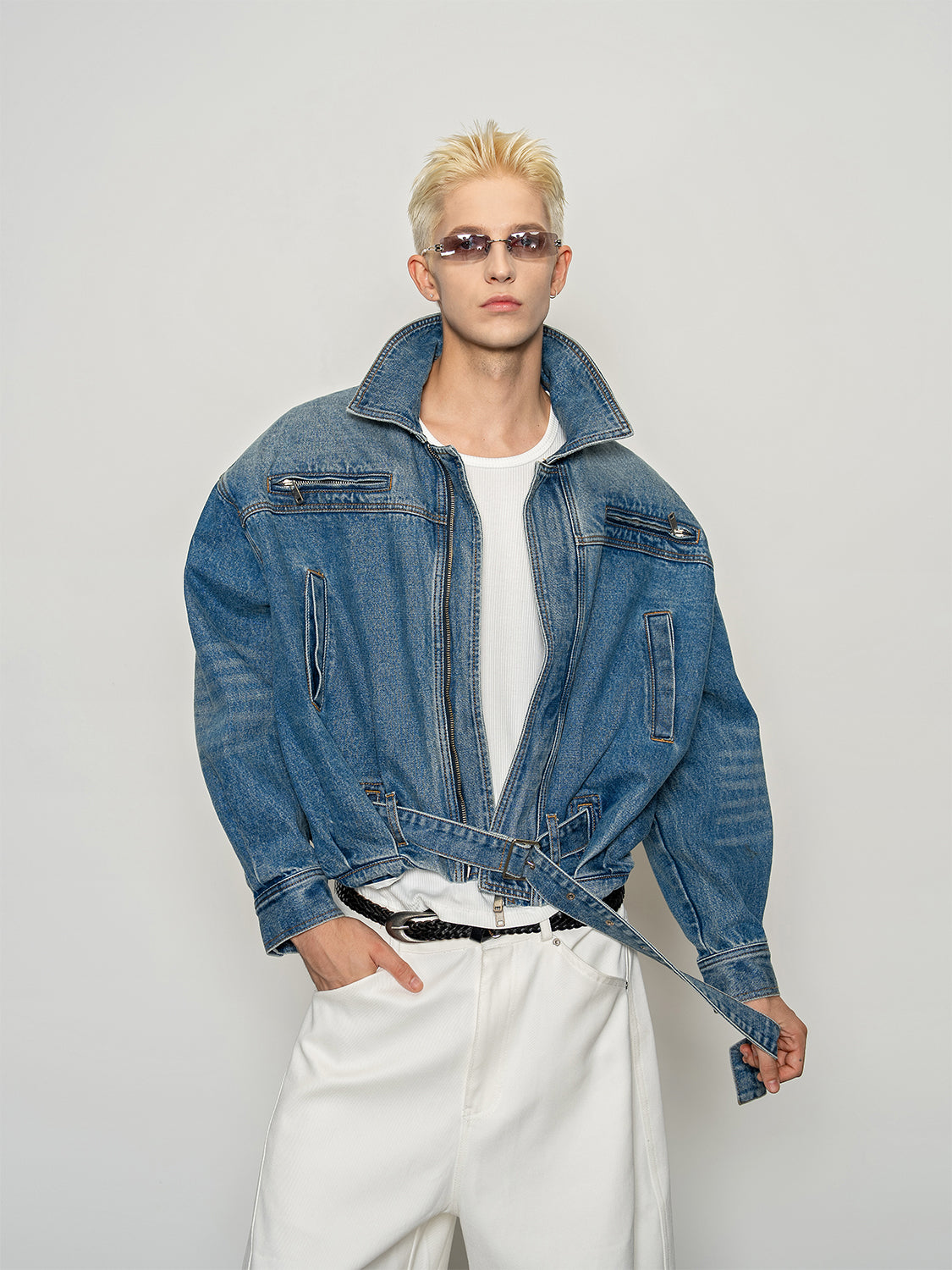 DBW Doublewin Vintage Washed Belted Denim Jacket