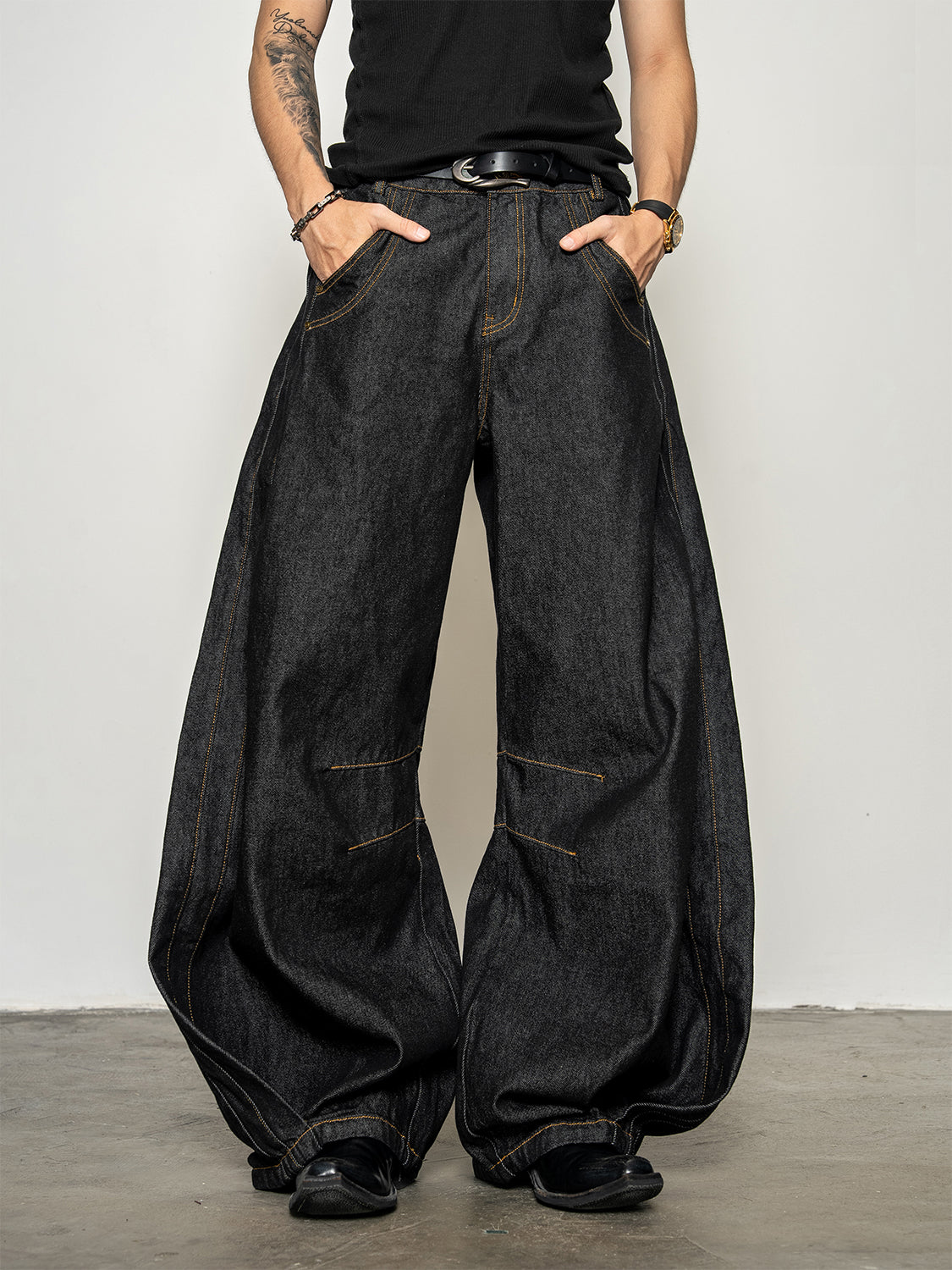 DBW Doublewin Contrast Stitching Raw Denim Wide-Leg Jeans