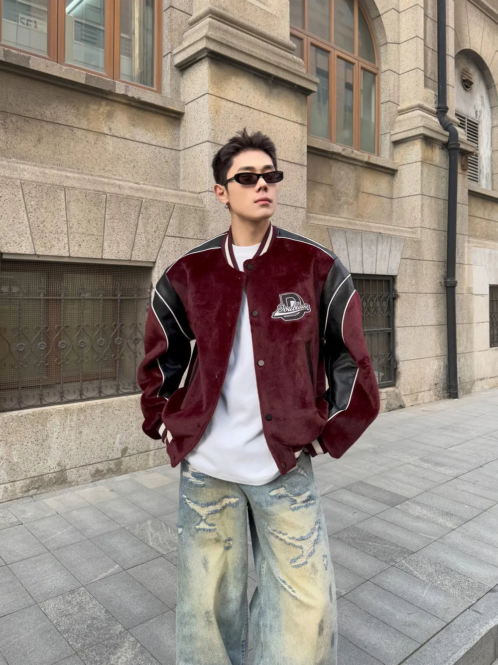 DBW Doublewin Red Furry Leather Patch Baseball Jacket