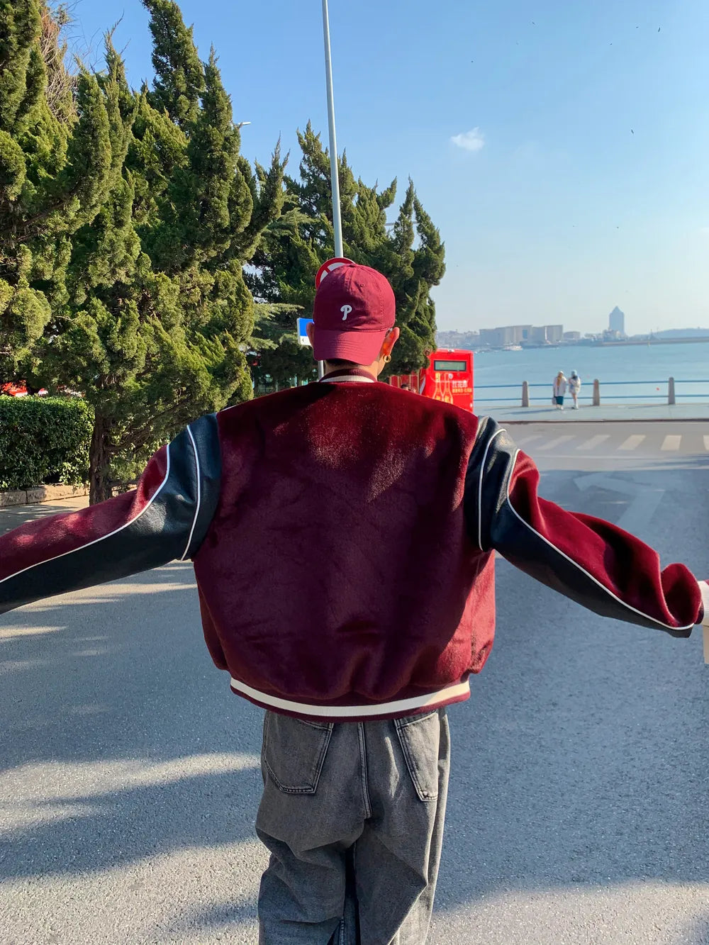 DBW Doublewin Red Furry Leather Patch Baseball Jacket