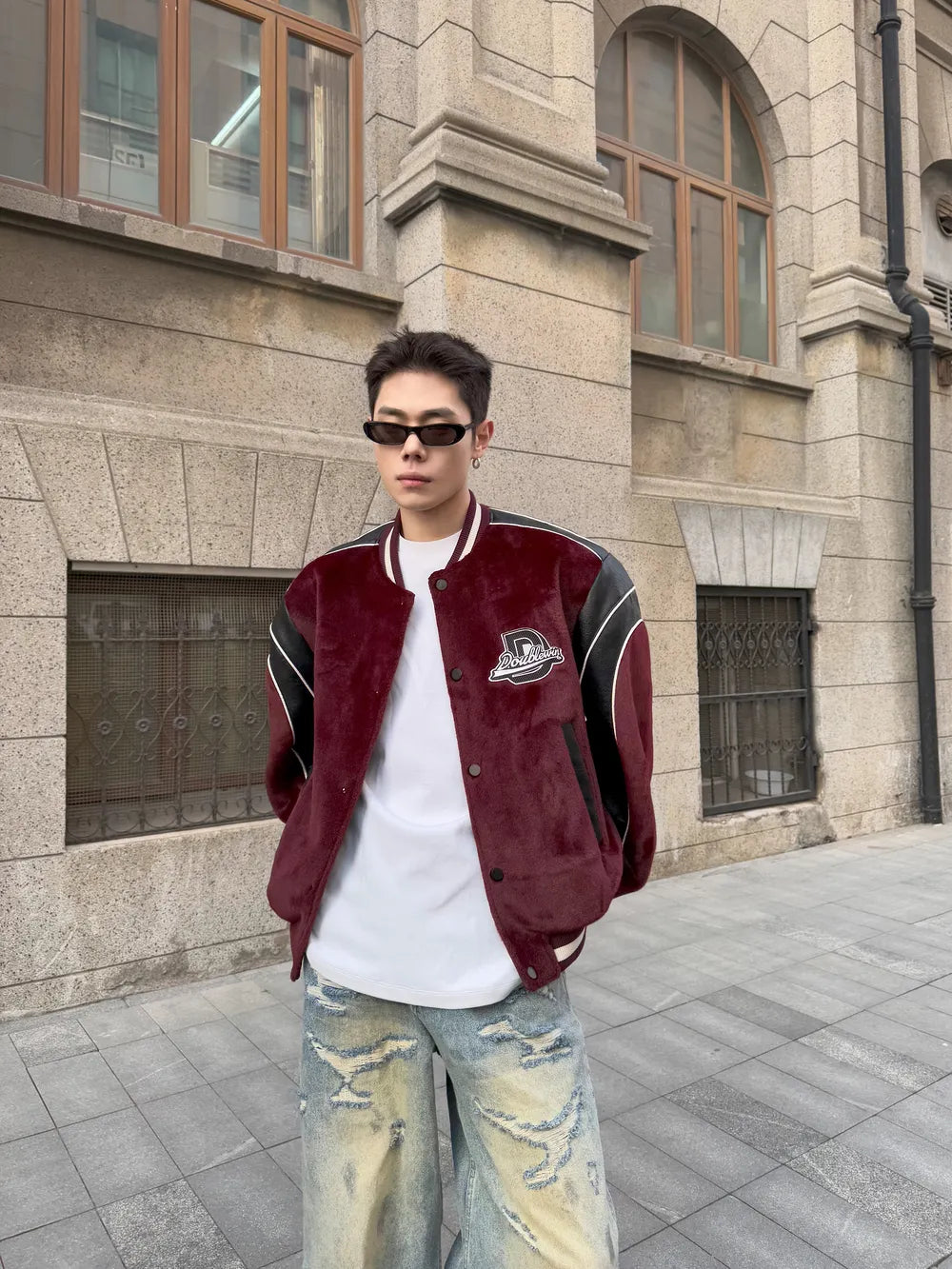 DBW Doublewin Red Furry Leather Patch Baseball Jacket