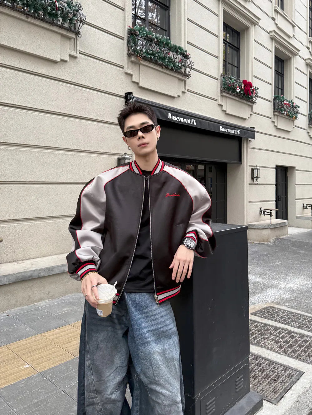 DBW Doublewin Color-Block Faux Leather Crack Baseball Jacket