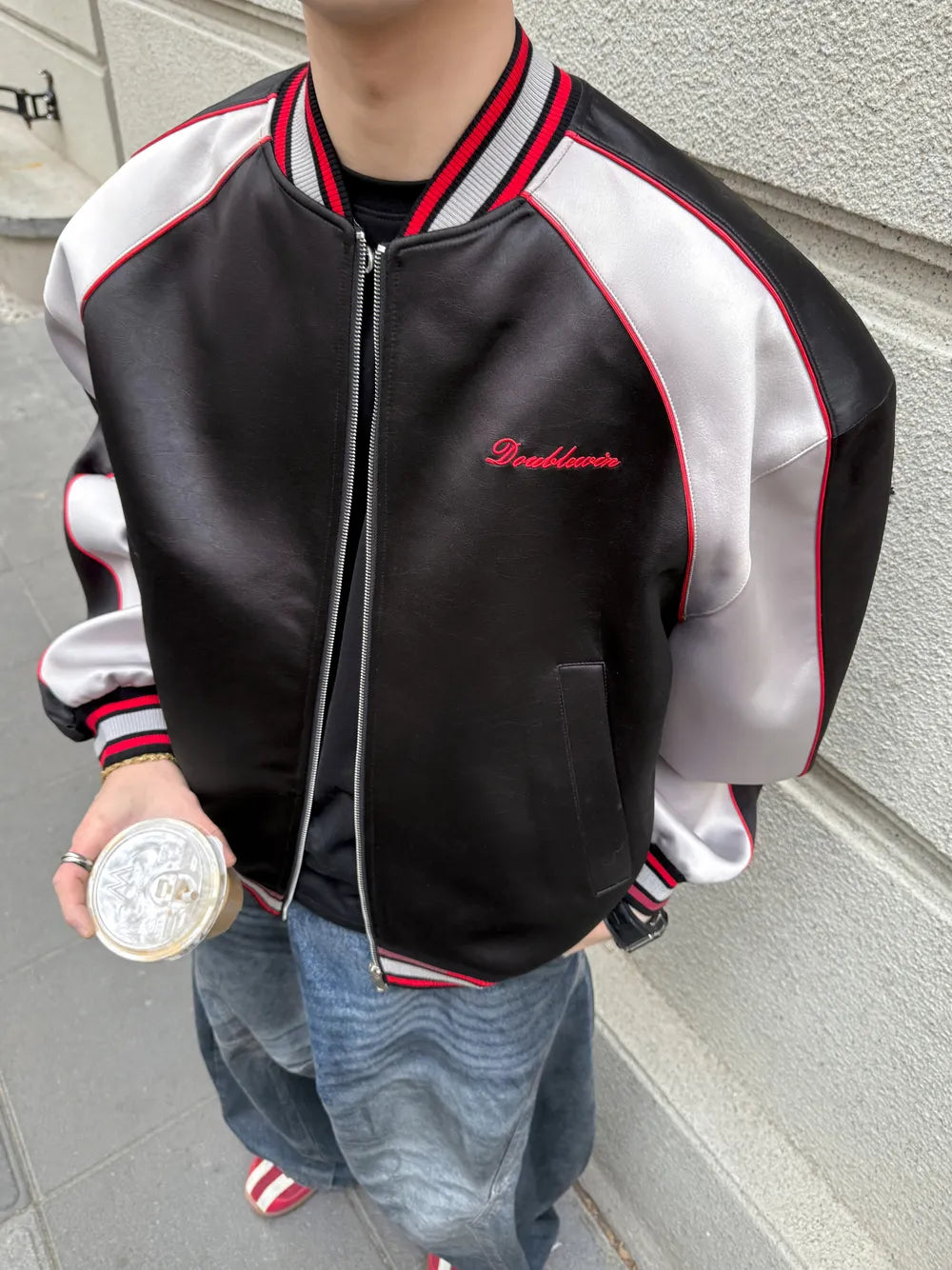 DBW Doublewin Color-Block Faux Leather Crack Baseball Jacket