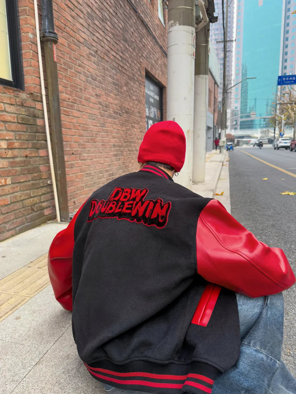DBW Doublewin Color-Block Leather Panel Oversized Baseball Jacket