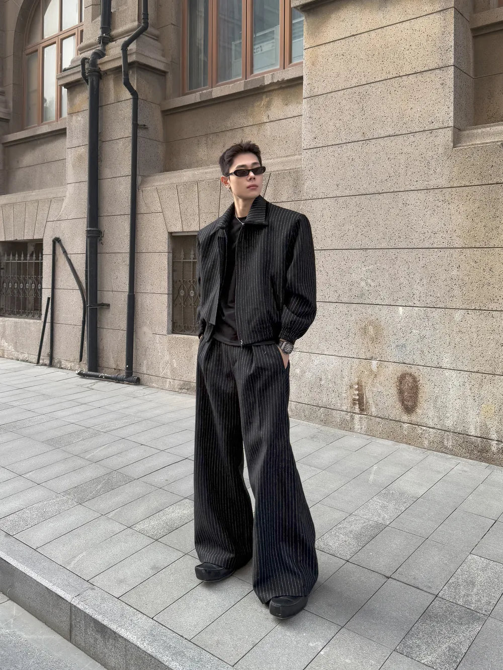 DBW Doublewin Wool Stripe Velvet Contrast Suit Set