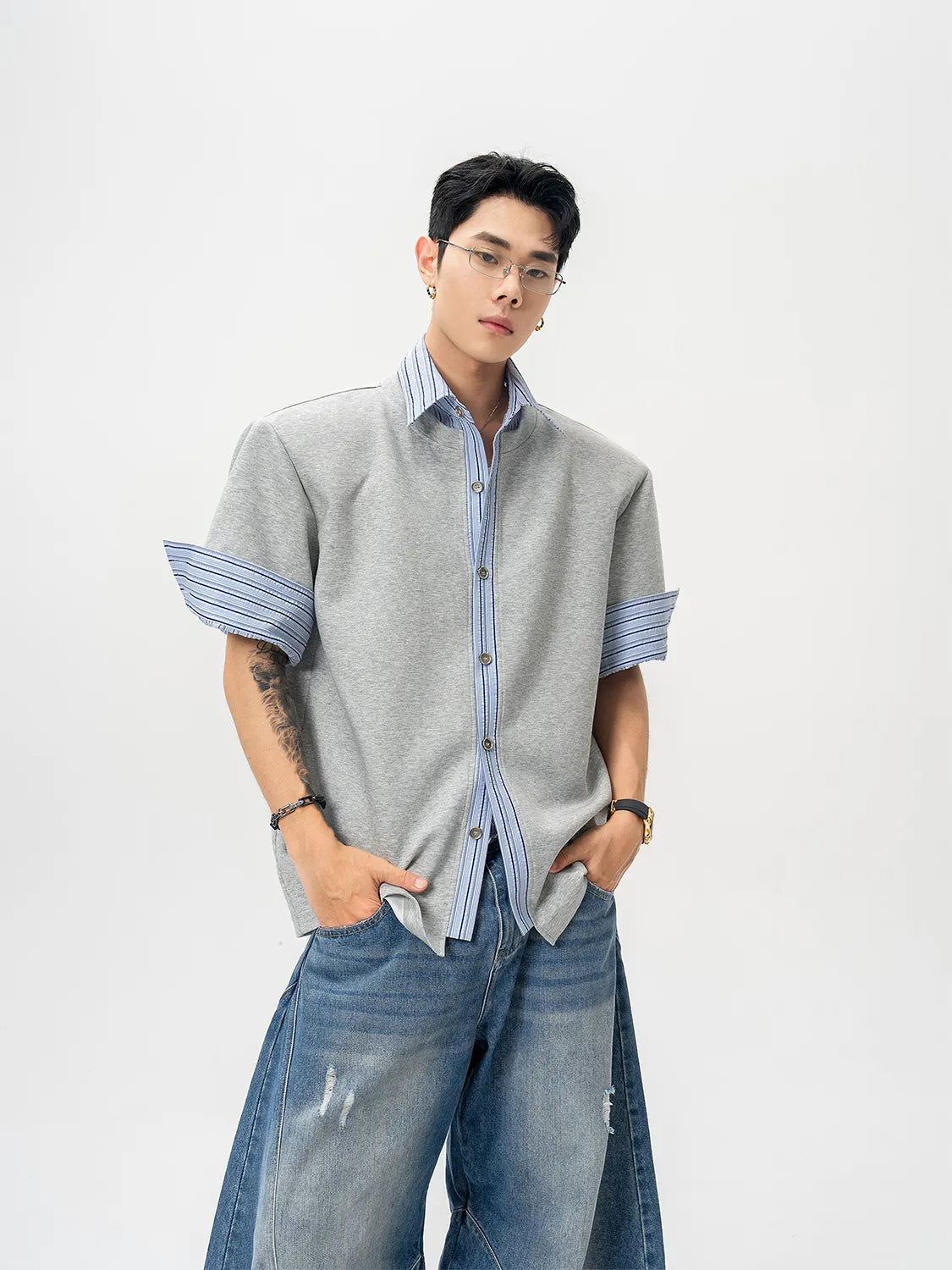 DBW Doublewin Textured Blue Stripe Panel Knit Shirt