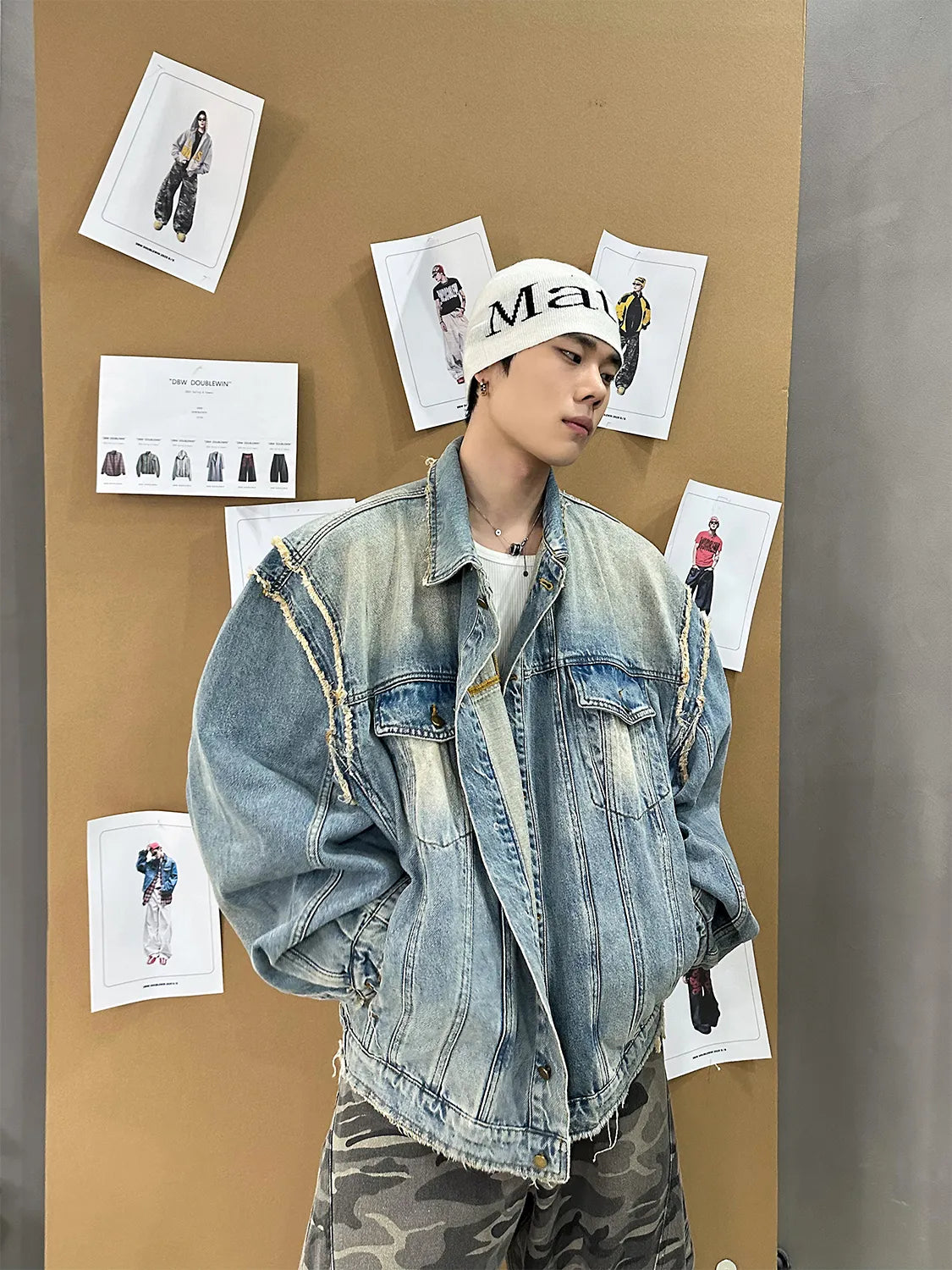DBW Doublewin Raw-Edge Wide-Shoulder Denim Jacket