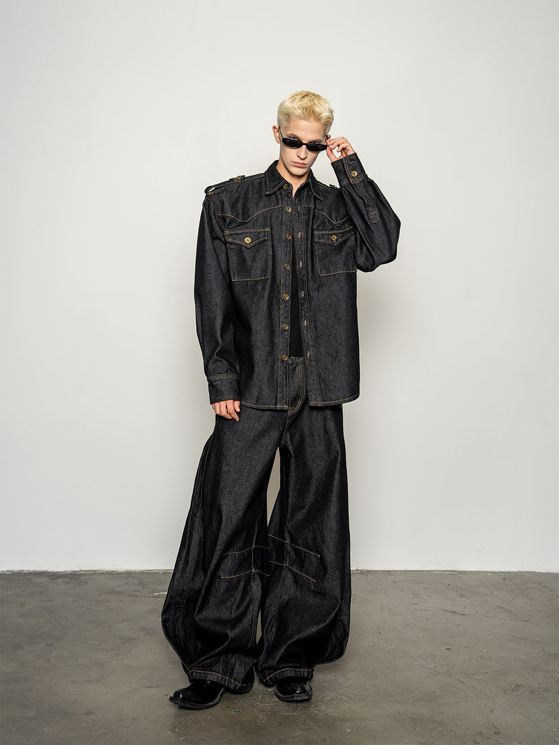 DBW Doublewin Contrast Stitching Raw Denim Wide-Leg Jeans