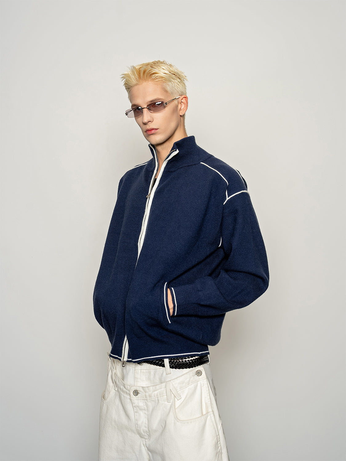 DBW Doublewin Color-Block Panel Outline Knit Zip-Up Jacket