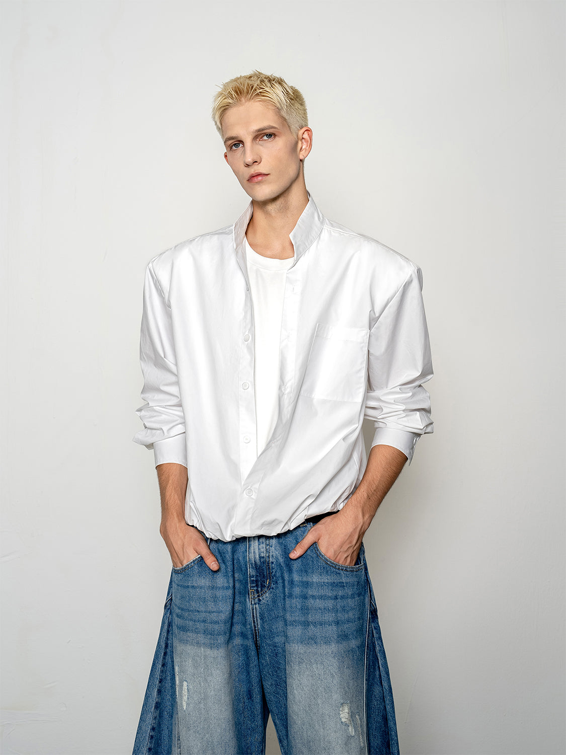 DBW Doublewin Hierarchical Textured False Two-Piece Stand Collar Shirt