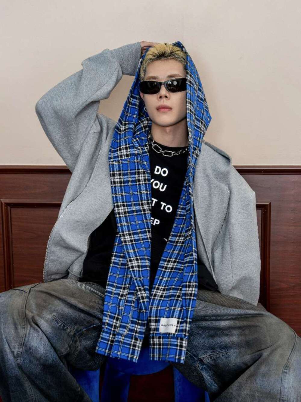 DBW Doublewin Double-Layer Hood Plaid Panel Zip-Up Hoodie