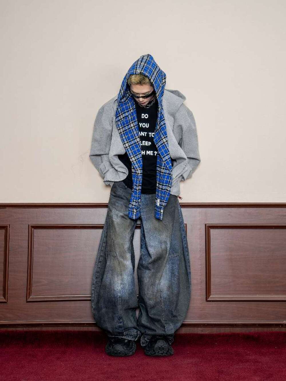DBW Doublewin Double-Layer Hood Plaid Panel Zip-Up Hoodie