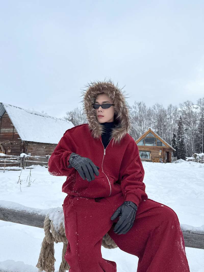 DBW Doublewin Big Fur-Lined Hood Fleece-Lined Sweatsuit Set